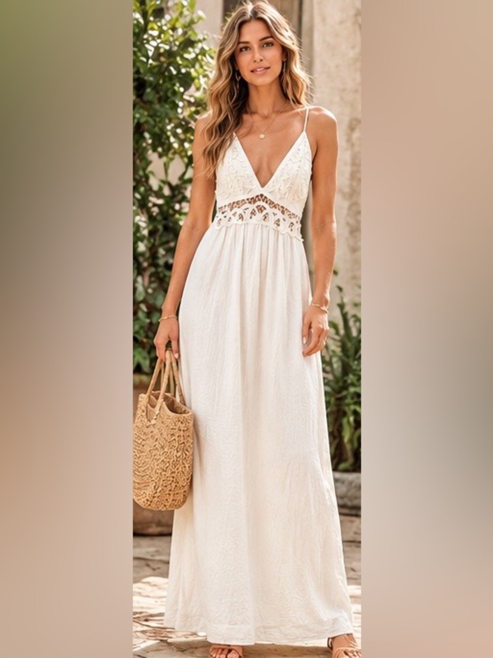 Moon River Ivory Crochet Lace Cutout Tie Back Maxi Dress M NWT